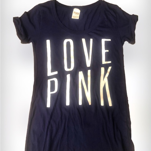 VS Pink LOVE PINK navy & white Cuffed shirt sleeve Fitted T-shirt SZ S - Picture 1 of 4